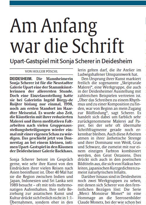 Am Anfang war die Schrift, Upart Gastspiel mit Sonja Scherer in Deidesheim; Rheinpfalz August 2017